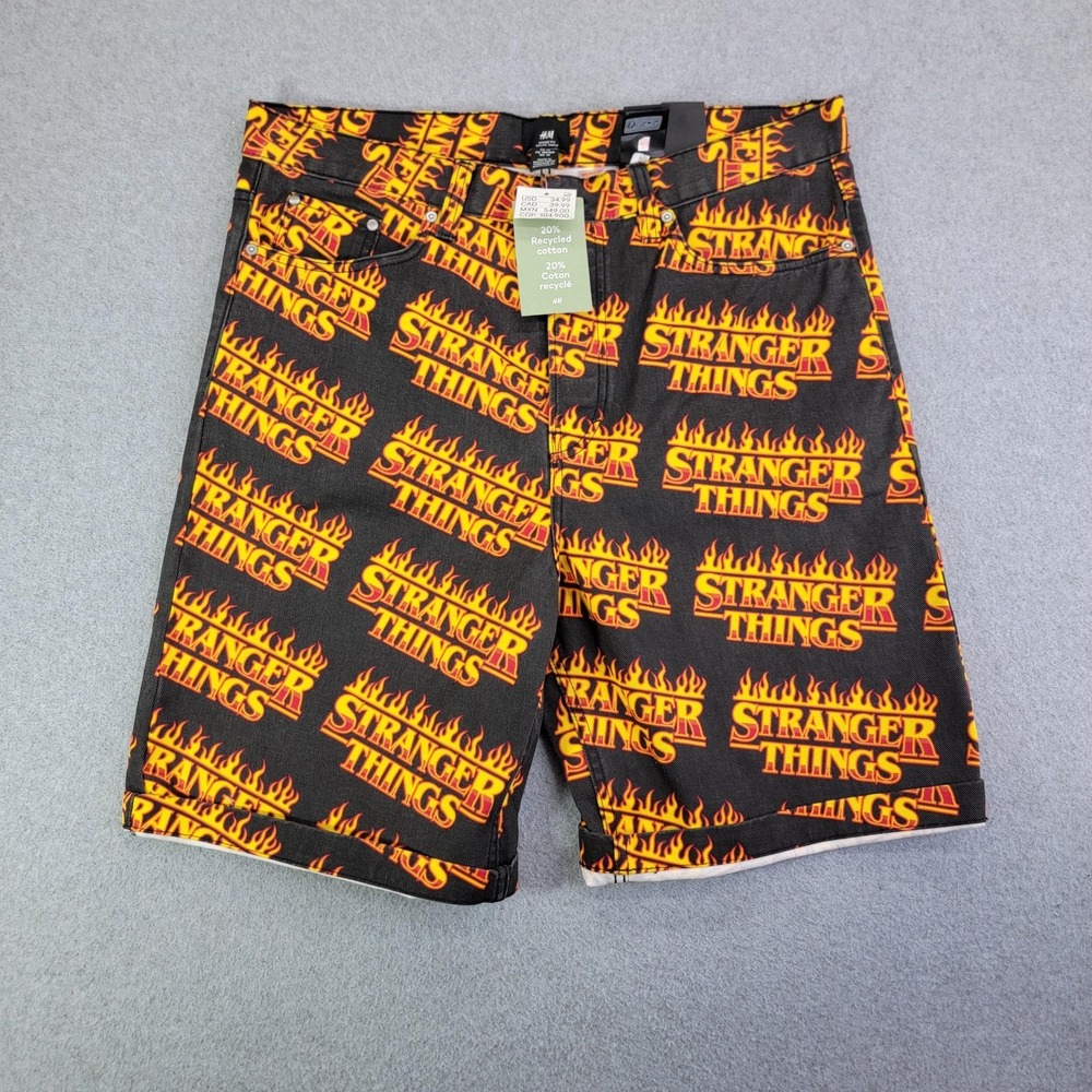 H&M Shorts Mens 34 Black Denim Stranger Things Loose Fit Bermuda Netflix